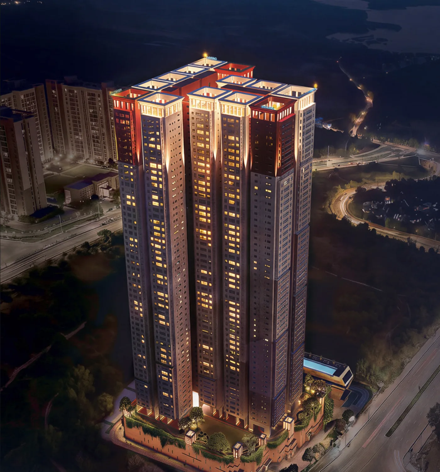 Brigade Barcelona Neopolis night elevation — luxury high-rise towers at Kokapet, Hyderabad