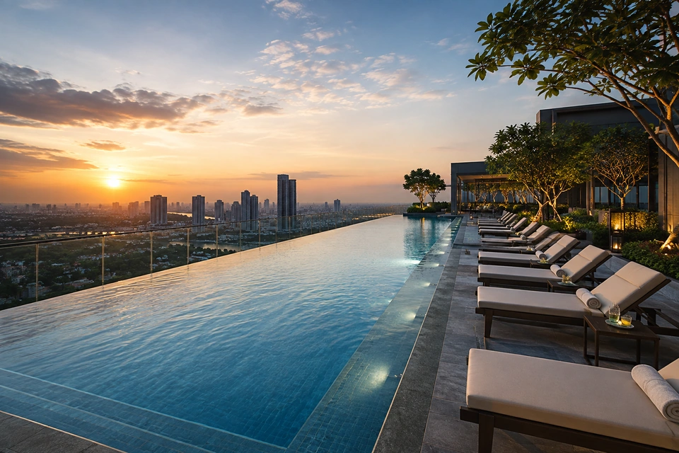 Swimming pool and pool deck at Brigade Barcelona clubhouse, Neopolis Kokapet